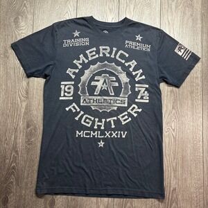 American Fighter Mens Large Y2k Athletics Graphic T-Shirt Navy Blue Distressed